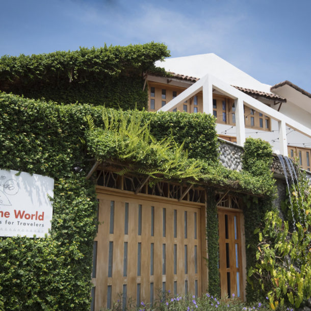 A beautiful photo of the School of the world plant covered entrance